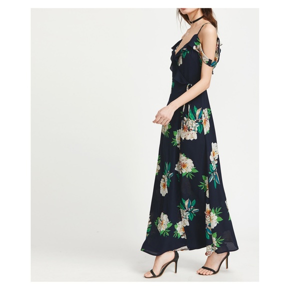 Blue Floral Cold Shoulder Ruffle Wrap Maxi Dress - Picture 2 of 4